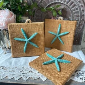 Starfish burlap wall decor set of 3 coastal decor